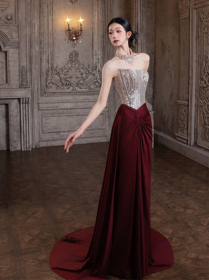 Modest Mermaid Strapless Burgundy Sleeveless With Split Long Evening Dresses Ideas Evening Outfits RB5186