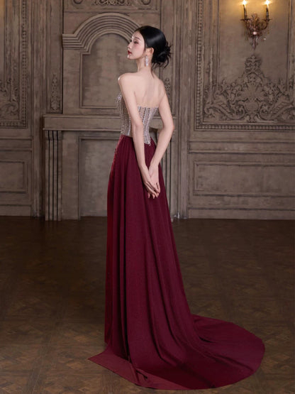 Modest Mermaid Strapless Burgundy Sleeveless With Split Long Evening Dresses Ideas Evening Outfits RB5186