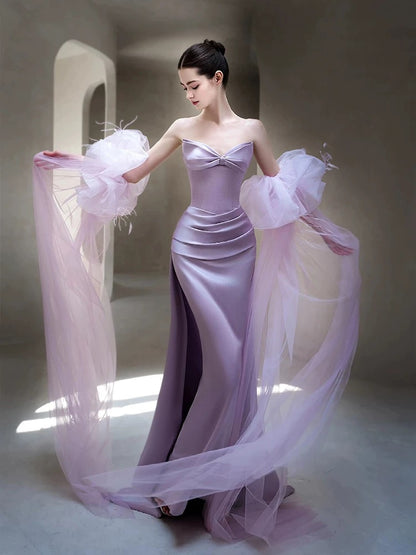 Flamboyant Women's Mermaid Sweetheart Lilac With Scarf Maxi Dress Date Night Evening Outfit Formal Prom Dresses RB5256