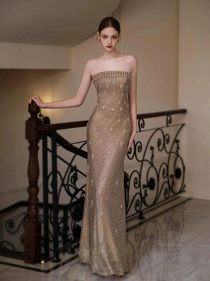 Modest Mermaid Strapless Gold Sequined Sleeveless With Beaded Long Evening Dresses Ideas Evening Outfits RB5257
