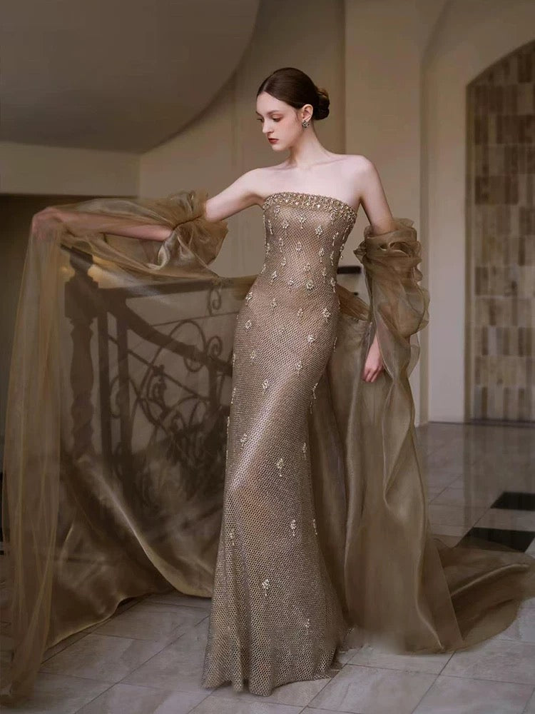 Modest Mermaid Strapless Gold Sequined Sleeveless With Beaded Long Evening Dresses Ideas Evening Outfits RB5257