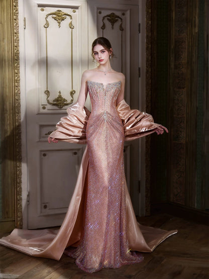 Sparkly Mermaid Strapless Pink Sequined Long Date Night Evening Outfit Formal Prom Dresses RB5303