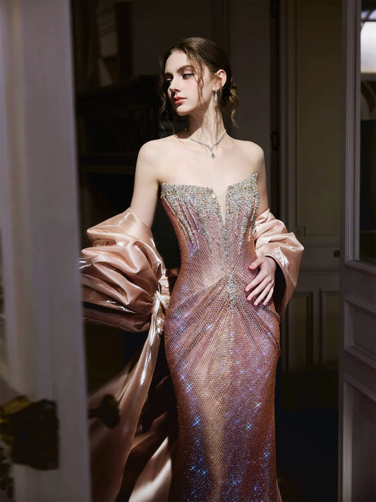 Sparkly Mermaid Strapless Pink Sequin With Cape Long Prom Evening Dresses Inspo Evening Outfits RB5187