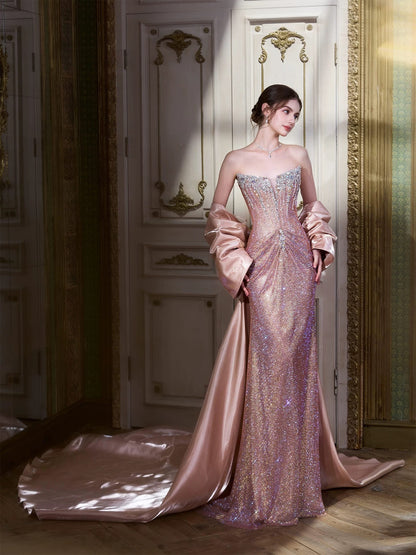 Sparkly Mermaid Strapless Pink Sequined Long Date Night Evening Outfit Formal Prom Dresses RB5303