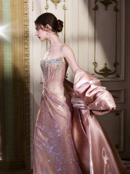 Sparkly Mermaid Strapless Pink Sequin With Cape Long Prom Evening Dresses Inspo Evening Outfits RB5187