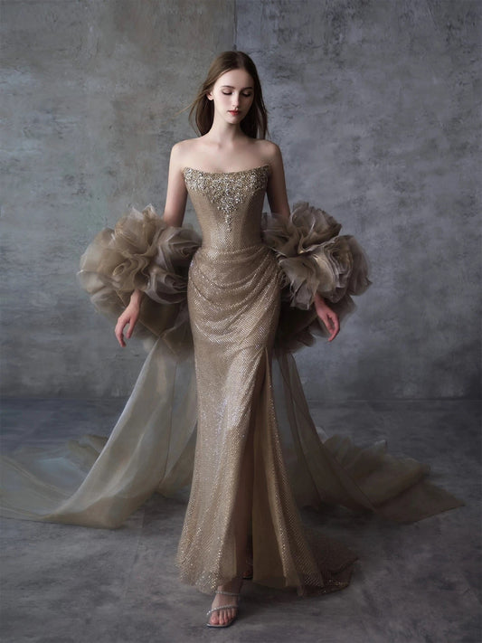 Sparkly Mermaid Strapless Gold Sequin With Beading Cape Date Night Outfits Semi Formal Prom Gown Evening Dresses RB5312
