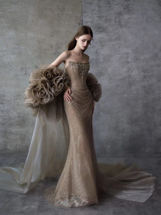 Sparkly Mermaid Strapless Gold Sequin With Beading Cape Date Night Outfits Semi Formal Prom Gown Evening Dresses RB5312