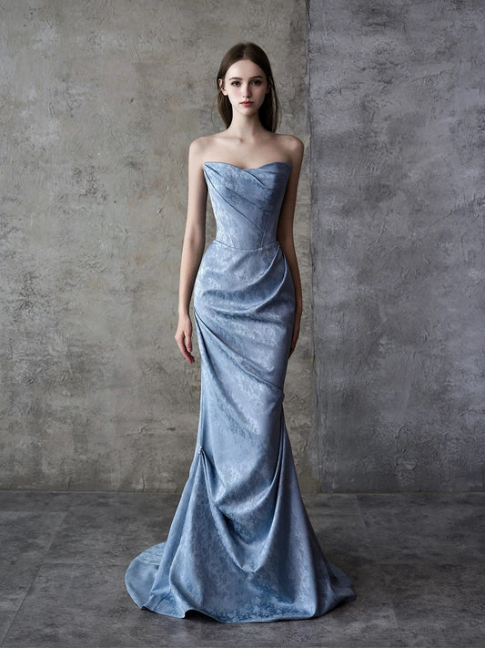 Sparkly Mermaid Sweetheart Blue Satin Long Date Night Evening Outfit Formal Prom Dresses RB5305