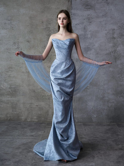Sparkly Mermaid Sweetheart Blue Satin Long Date Night Evening Outfit Formal Prom Dresses RB5305