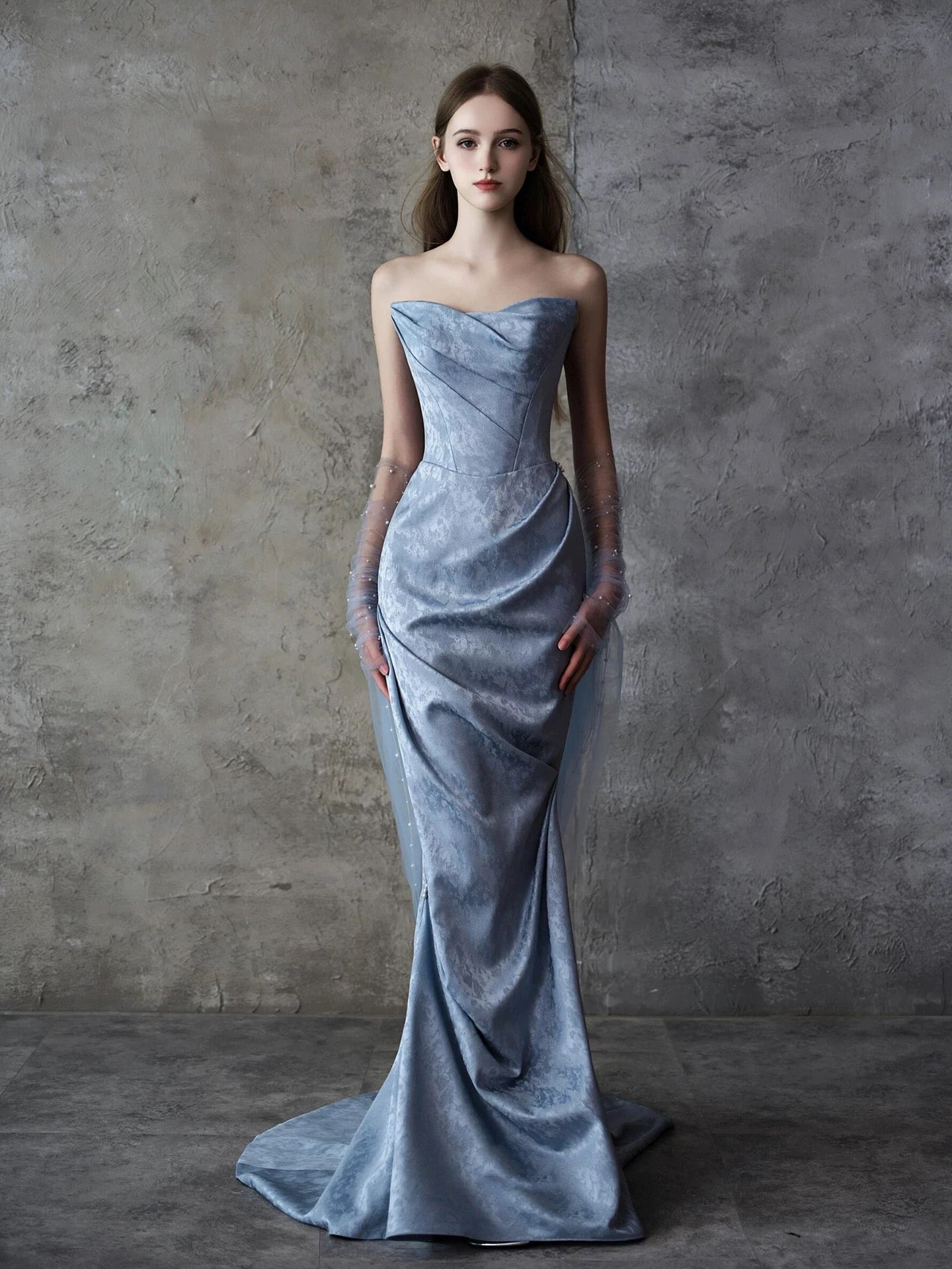 Sparkly Mermaid Sweetheart Blue Satin Long Date Night Evening Outfit Formal Prom Dresses RB5305