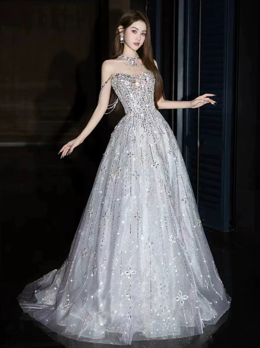 Sparkly A Line Sweetheart Silver Gray With Beading Date Night Outfits Semi Formal Prom Gown Evening Dresses RB5307