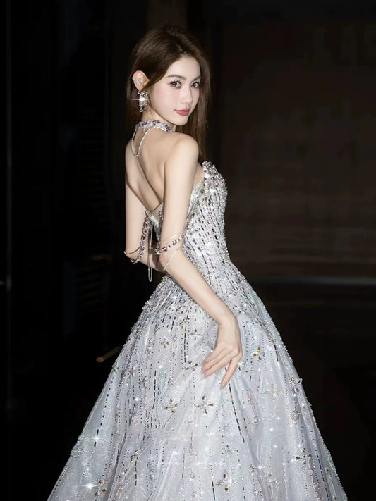 Sparkly A Line Sweetheart Silver Gray With Beading Date Night Outfits Semi Formal Prom Gown Evening Dresses RB5307