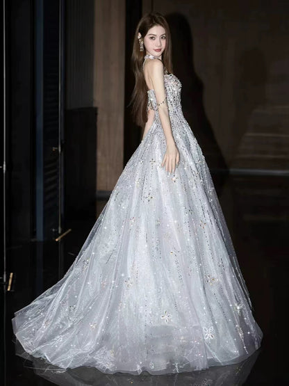 Sparkly A Line Sweetheart Silver Gray With Beading Date Night Outfits Semi Formal Prom Gown Evening Dresses RB5307