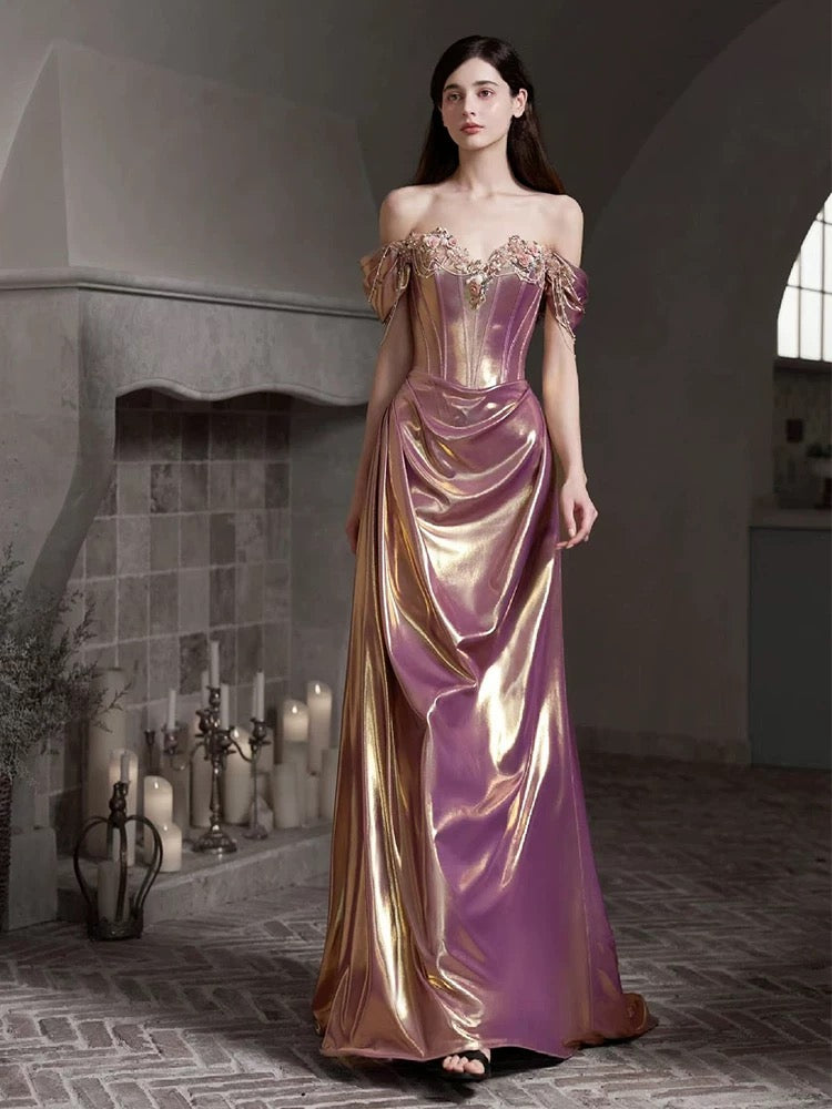 Modest Mermaid Off The Shoulder Pink Satin With Beaded Long Date Night Evening Outfit Formal Prom Dresses RB5308