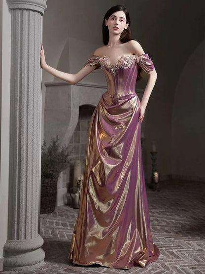 Modest Mermaid Off The Shoulder Pink Satin With Beaded Long Date Night Evening Outfit Formal Prom Dresses RB5308
