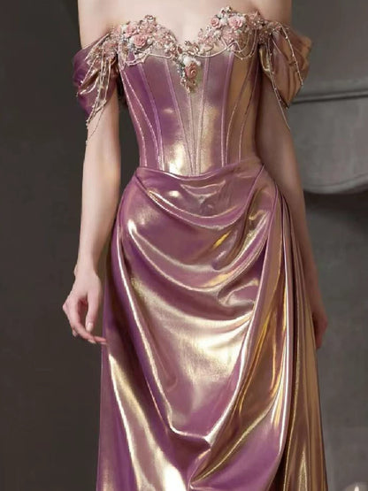 Modest Mermaid Off The Shoulder Pink Satin With Beaded Long Date Night Evening Outfit Formal Prom Dresses RB5308