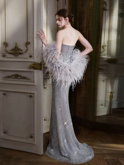 Sparkly Mermaid Sweetheart Silver Gray With Beading Cape Date Night Outfits Semi Formal Prom Gown Evening Dresses RB5310