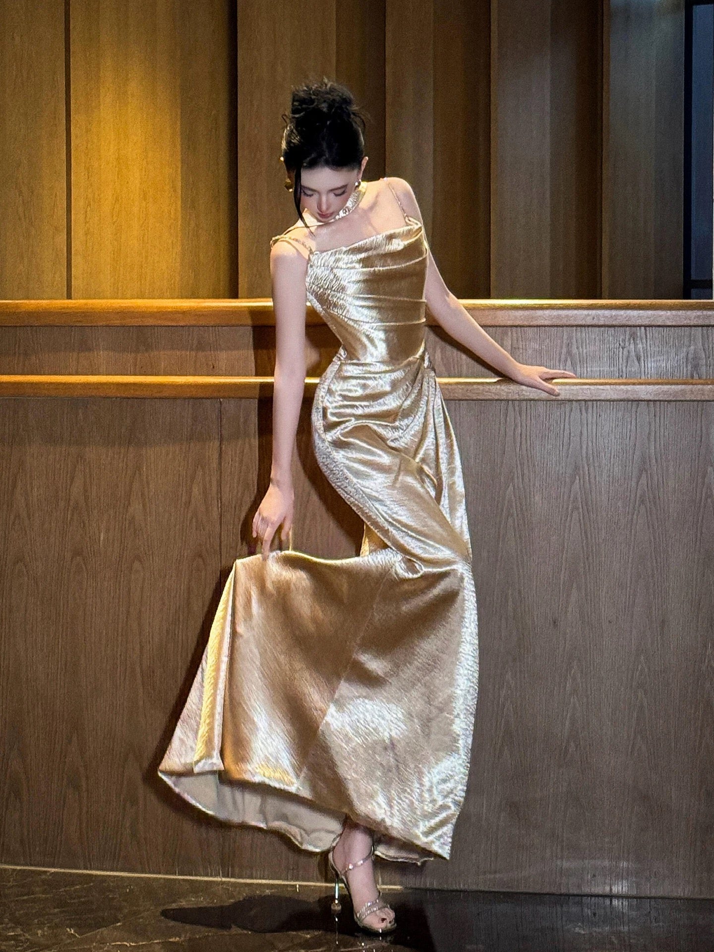 Sexy Mermaid Spaghetti Strap Gold Satin Long Date Night Evening Outfit Formal Prom Dresses RB5311