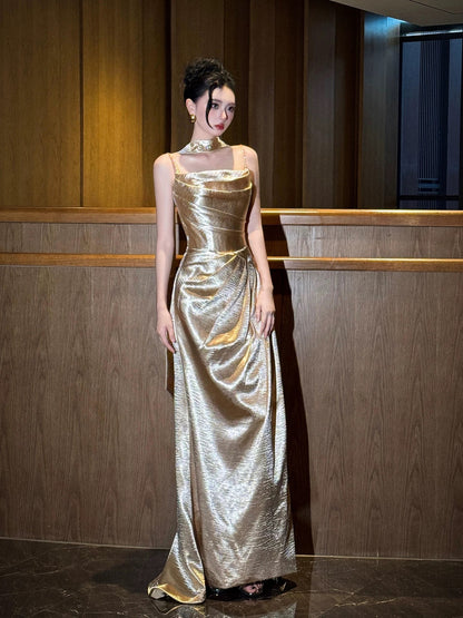 Sexy Mermaid Spaghetti Strap Gold Satin Long Date Night Evening Outfit Formal Prom Dresses RB5311