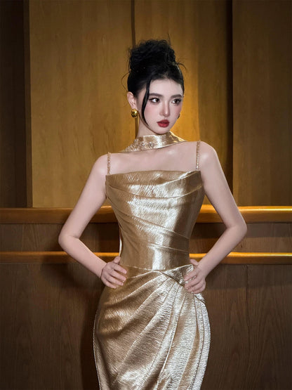 Sexy Mermaid Spaghetti Strap Gold Satin Long Date Night Evening Outfit Formal Prom Dresses RB5311