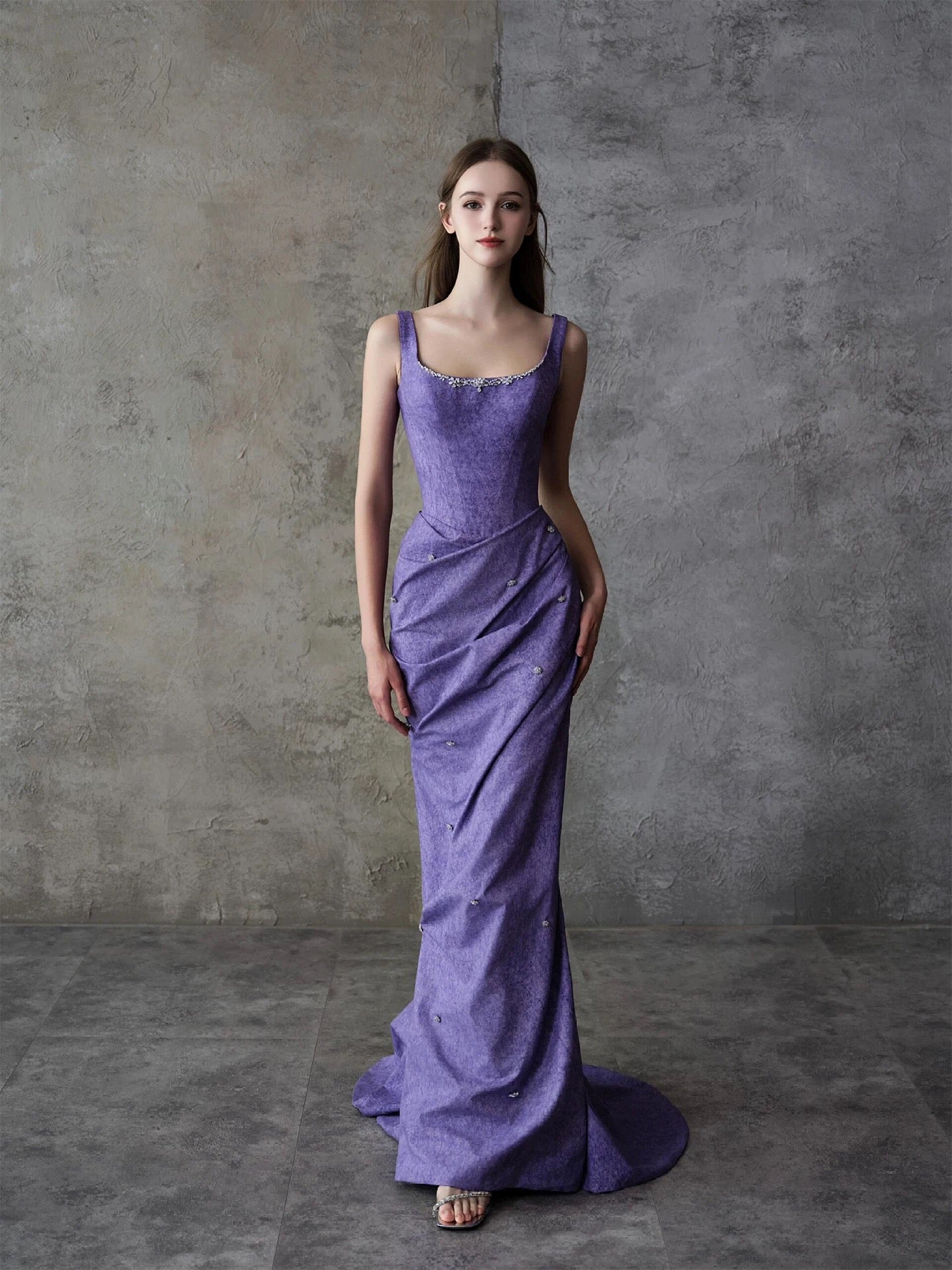 Sparkly Mermaid Square Neck Grape Satin Long Date Night Evening Outfit Formal Prom Dresses RB5306