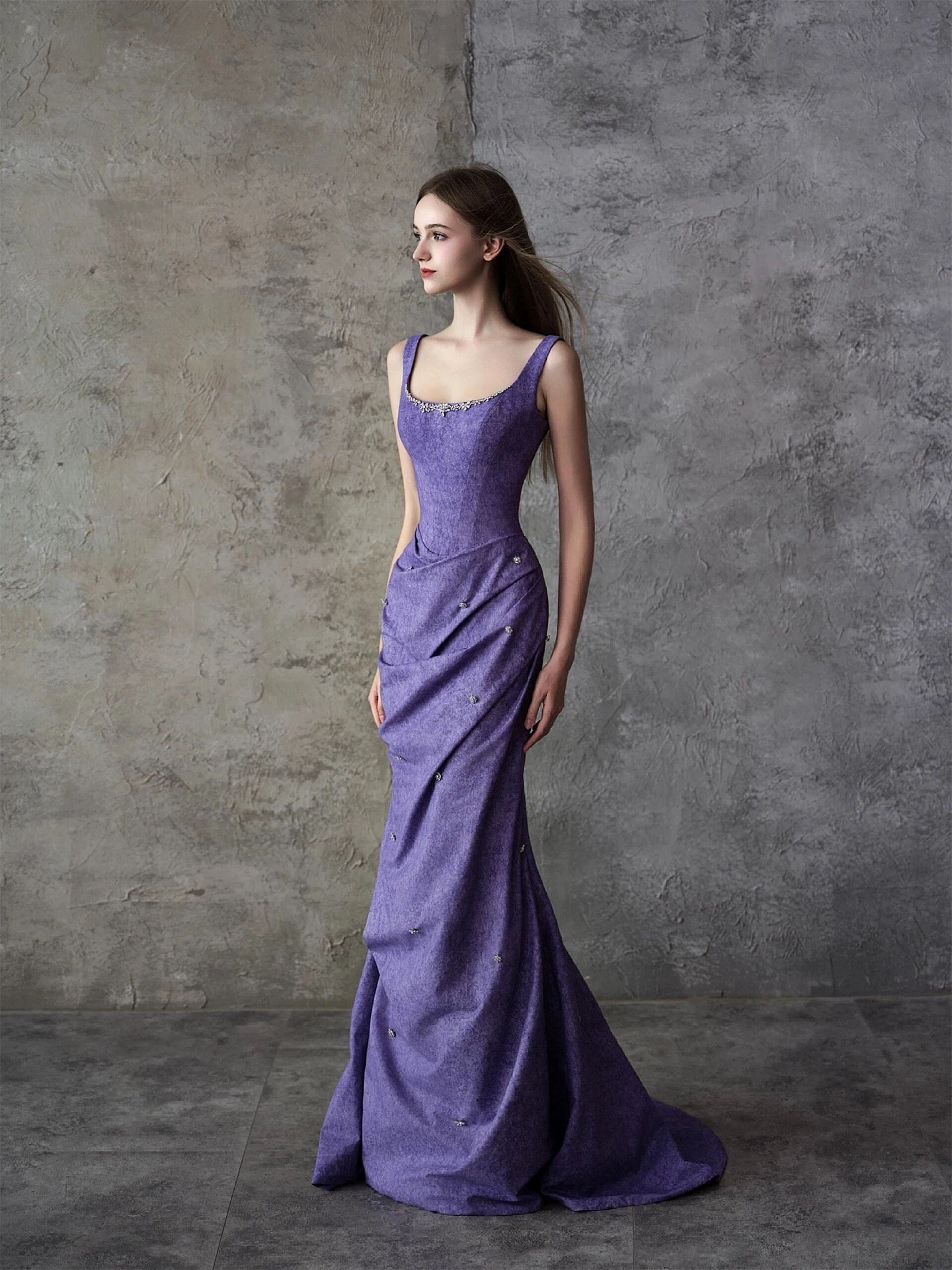 Sparkly Mermaid Square Neck Grape Satin Long Date Night Evening Outfit Formal Prom Dresses RB5306