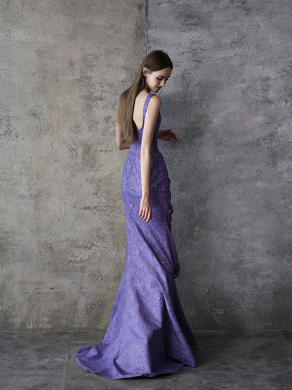 Sparkly Mermaid Square Neck Grape Satin Long Date Night Evening Outfit Formal Prom Dresses RB5306