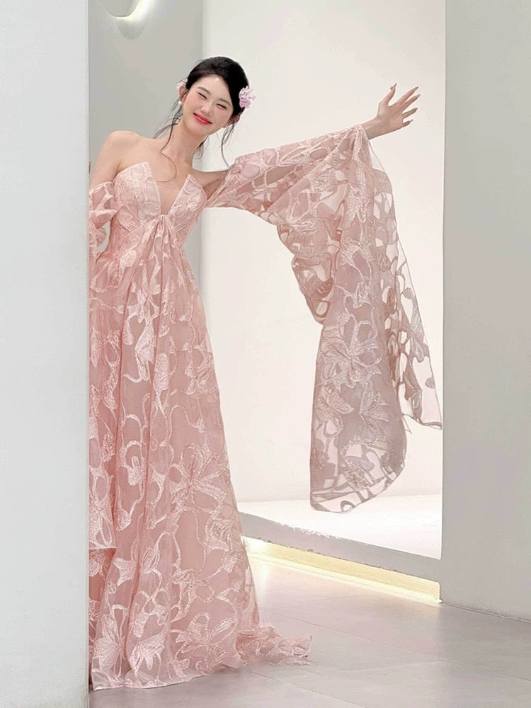 Modest A Line Off The Shoulder Pink Lace With Long Sleeves Date Night Evening Outfit Formal Prom Dresses RB5313