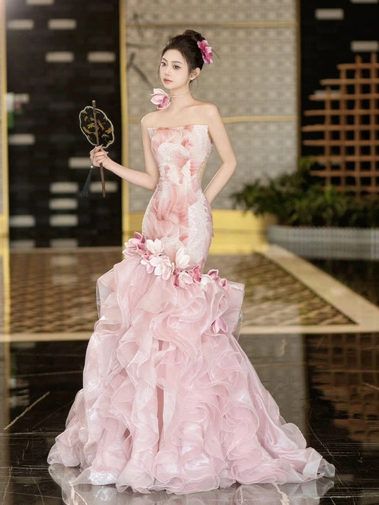 Beautiful Mermaid Strapless Pink With Layered Tiered Date Night Outfits Semi Formal Prom Gown Evening Dresses RB5314