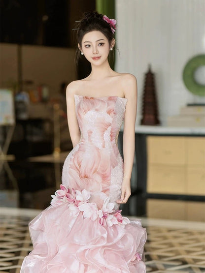 Beautiful Mermaid Strapless Pink With Layered Tiered Date Night Outfits Semi Formal Prom Gown Evening Dresses RB5314