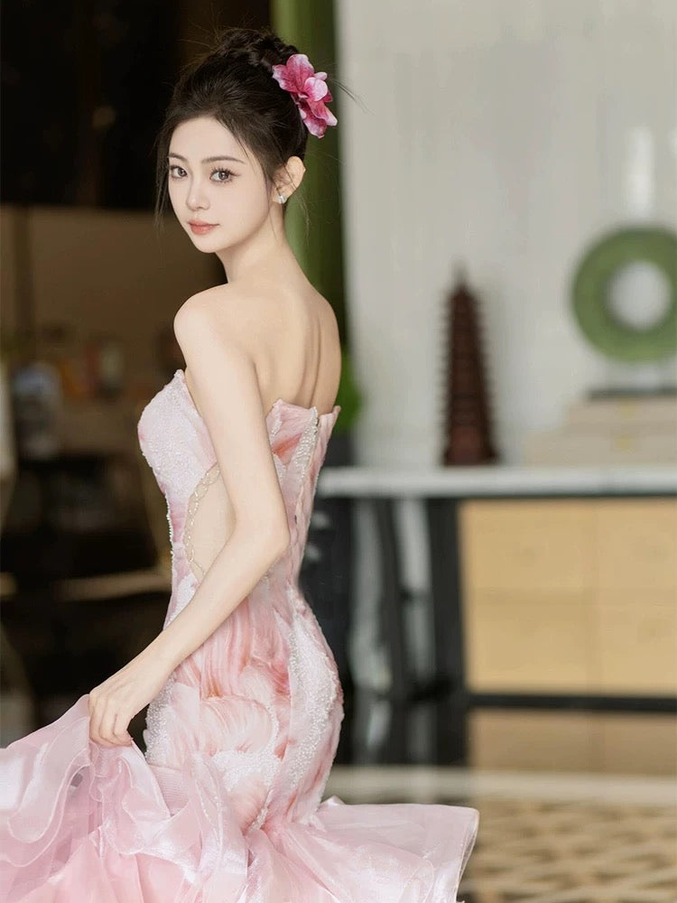 Beautiful Mermaid Strapless Pink With Layered Tiered Date Night Outfits Semi Formal Prom Gown Evening Dresses RB5314