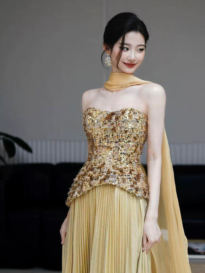 Modest A Line Sweetheart Gold Sequined With Scarf Date Night Evening Outfit Formal Prom Dresses RB5316