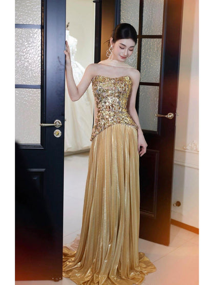 Modest A Line Sweetheart Gold Sequined With Scarf Date Night Evening Outfit Formal Prom Dresses RB5316