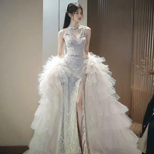 Sparkly Mermaid V Neck Silver Sequined With Beading Long Prom Evening Dresses Inspo Evening Outfits RB5201