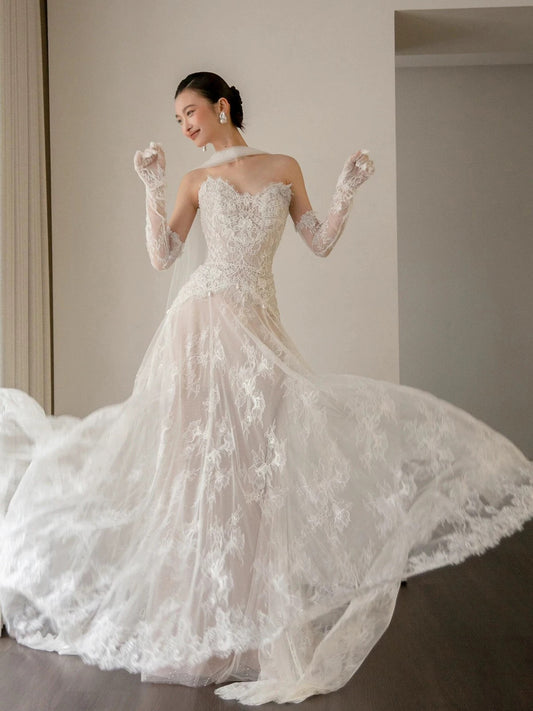 Modest A Line Sweetehart With Scarf Gloves White Lace Brides Gown Bridal Dress Long Wedding Dresses RB5317