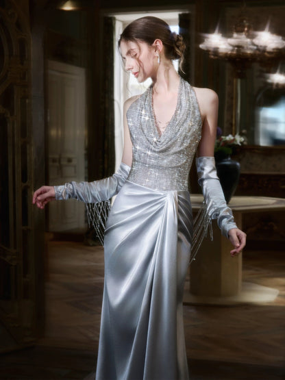 Modest Mermaid Halter Silver Gray Satin Sequined With Gloves Date Night Evening Outfit Formal Prom Dresses RB5318