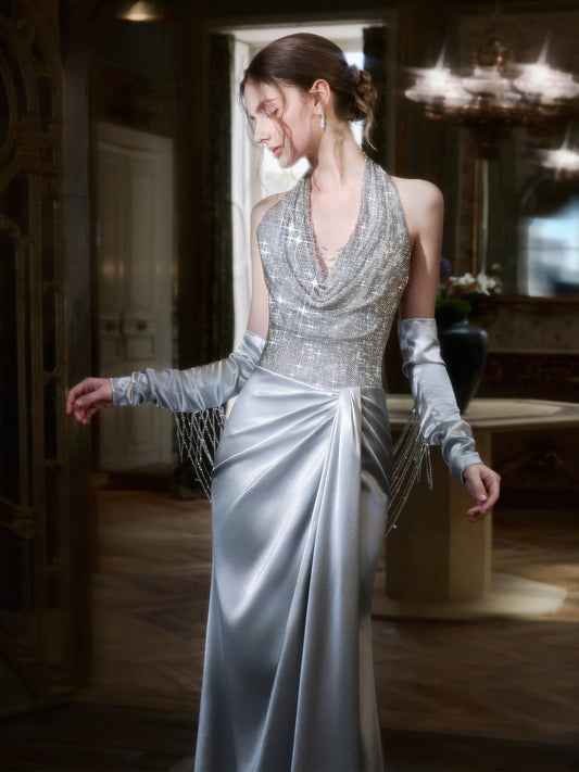 Modest Mermaid Halter Silver Gray Satin Sequined With Gloves Date Night Evening Outfit Formal Prom Dresses RB5318