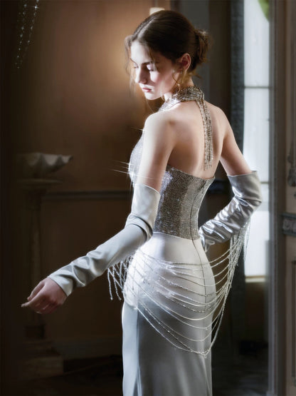 Modest Mermaid Halter Silver Gray Satin Sequined With Gloves Date Night Evening Outfit Formal Prom Dresses RB5318