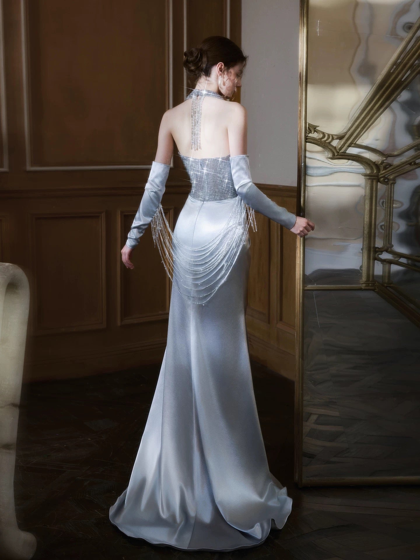 Modest Mermaid Halter Silver Gray Satin Sequined With Gloves Date Night Evening Outfit Formal Prom Dresses RB5318