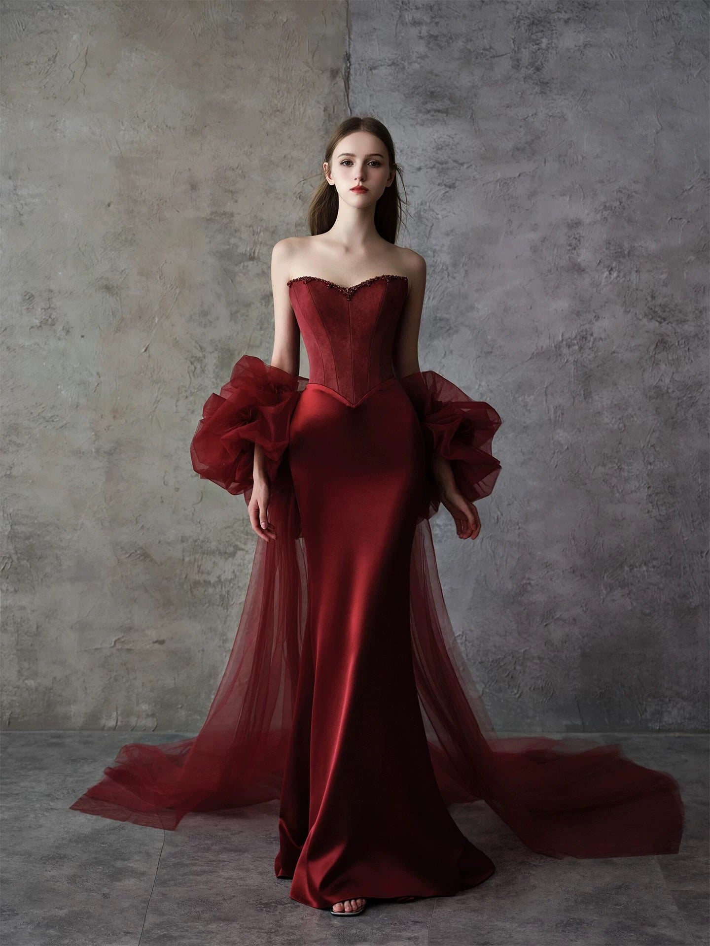 Modest Mermaid Sweetheart Burgundy Satin With Cape Date Night Evening Outfit Formal Prom Dresses RB5320