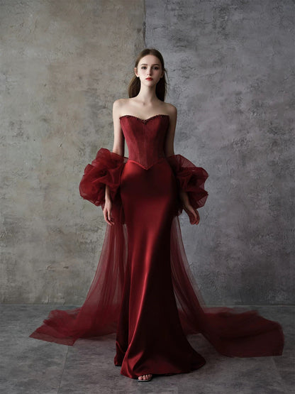 Modest Mermaid Sweetheart Burgundy Satin With Cape Date Night Evening Outfit Formal Prom Dresses RB5320