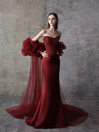 Modest Mermaid Sweetheart Burgundy Satin With Cape Date Night Evening Outfit Formal Prom Dresses RB5320
