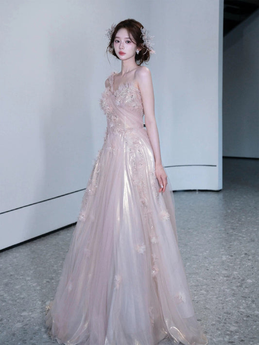 Beautiful A line One Shoulder Pink With Flowers Date Night Outfits Semi Formal Prom Gown Evening Dresses RB5322