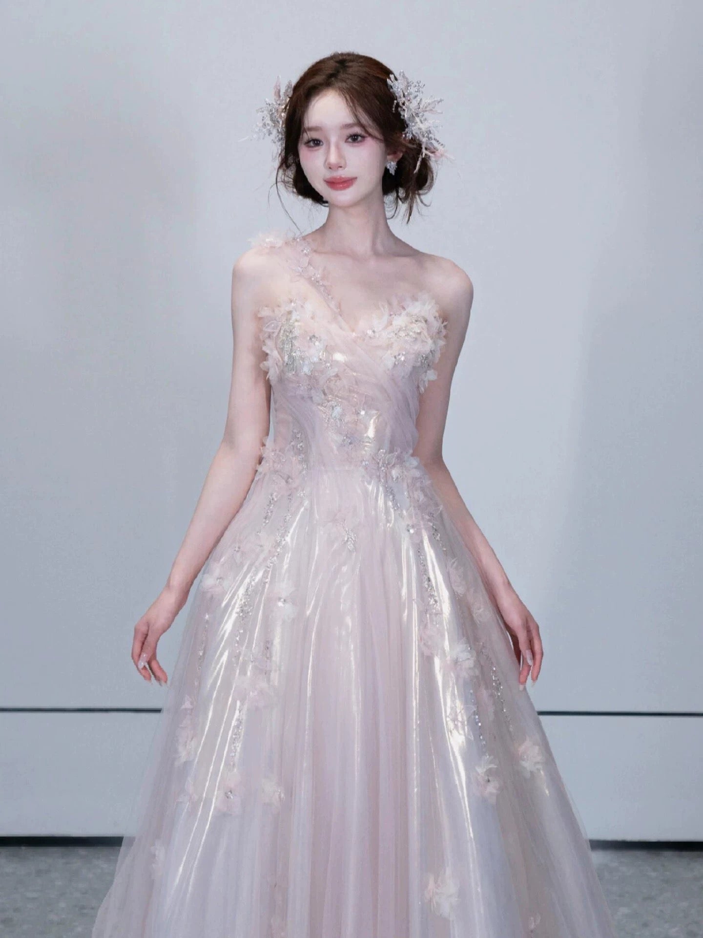Beautiful A line One Shoulder Pink With Flowers Date Night Outfits Semi Formal Prom Gown Evening Dresses RB5322
