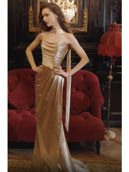 Sexy Mermaid Spaghetti Strap Gold Satin Long Date Night Evening Outfit Formal Prom Dresses RB5324