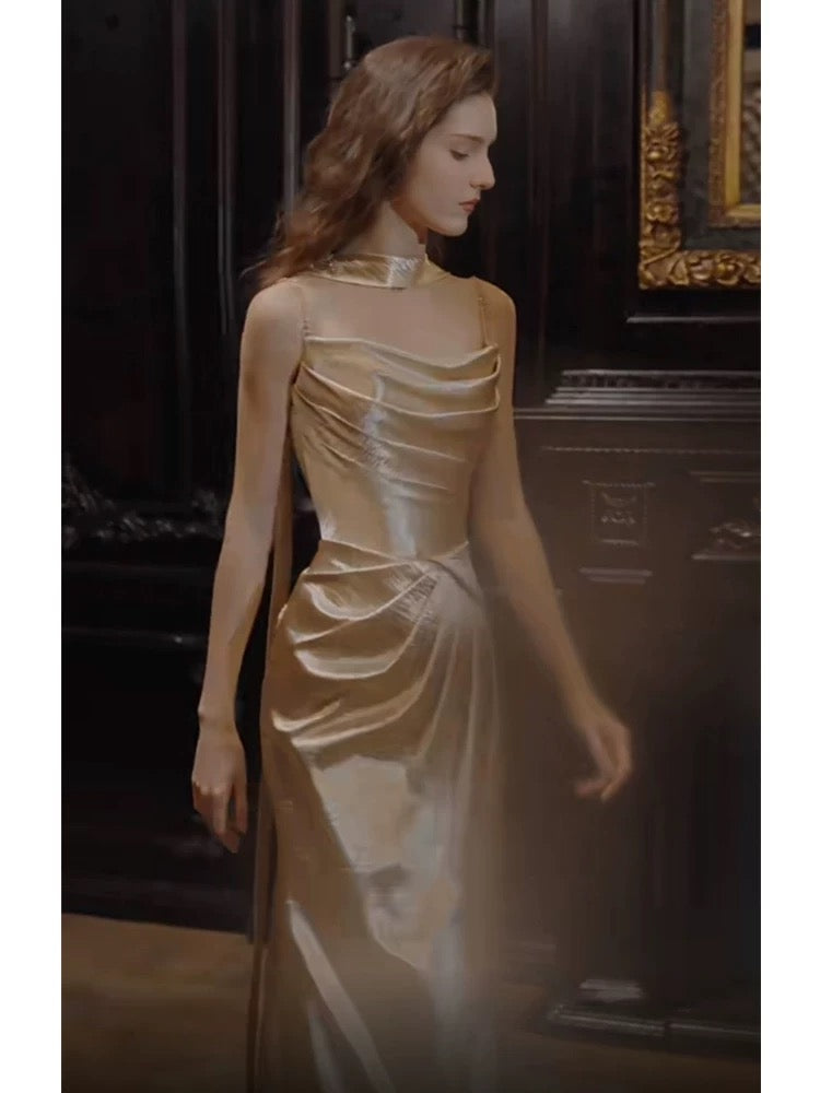 Sexy Mermaid Spaghetti Strap Gold Satin Long Date Night Evening Outfit Formal Prom Dresses RB5324