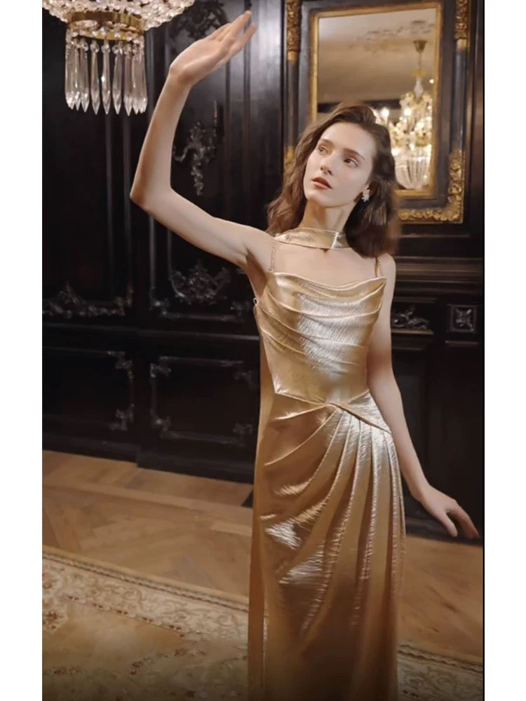 Sexy Mermaid Spaghetti Strap Gold Satin Long Date Night Evening Outfit Formal Prom Dresses RB5324