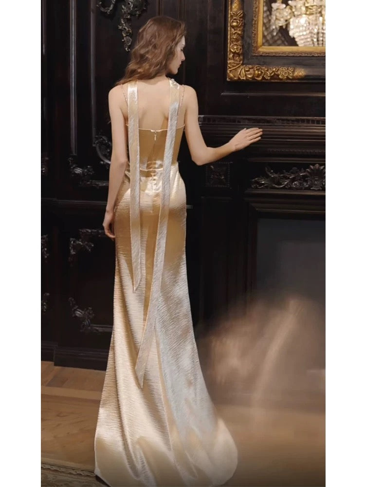 Sexy Mermaid Spaghetti Strap Gold Satin Long Date Night Evening Outfit Formal Prom Dresses RB5324