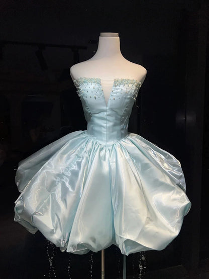 Beautiful Ball Gown Strapless Blue Satin Date Night Outfits Semi Formal Prom Gown Evening Dresses RB5325
