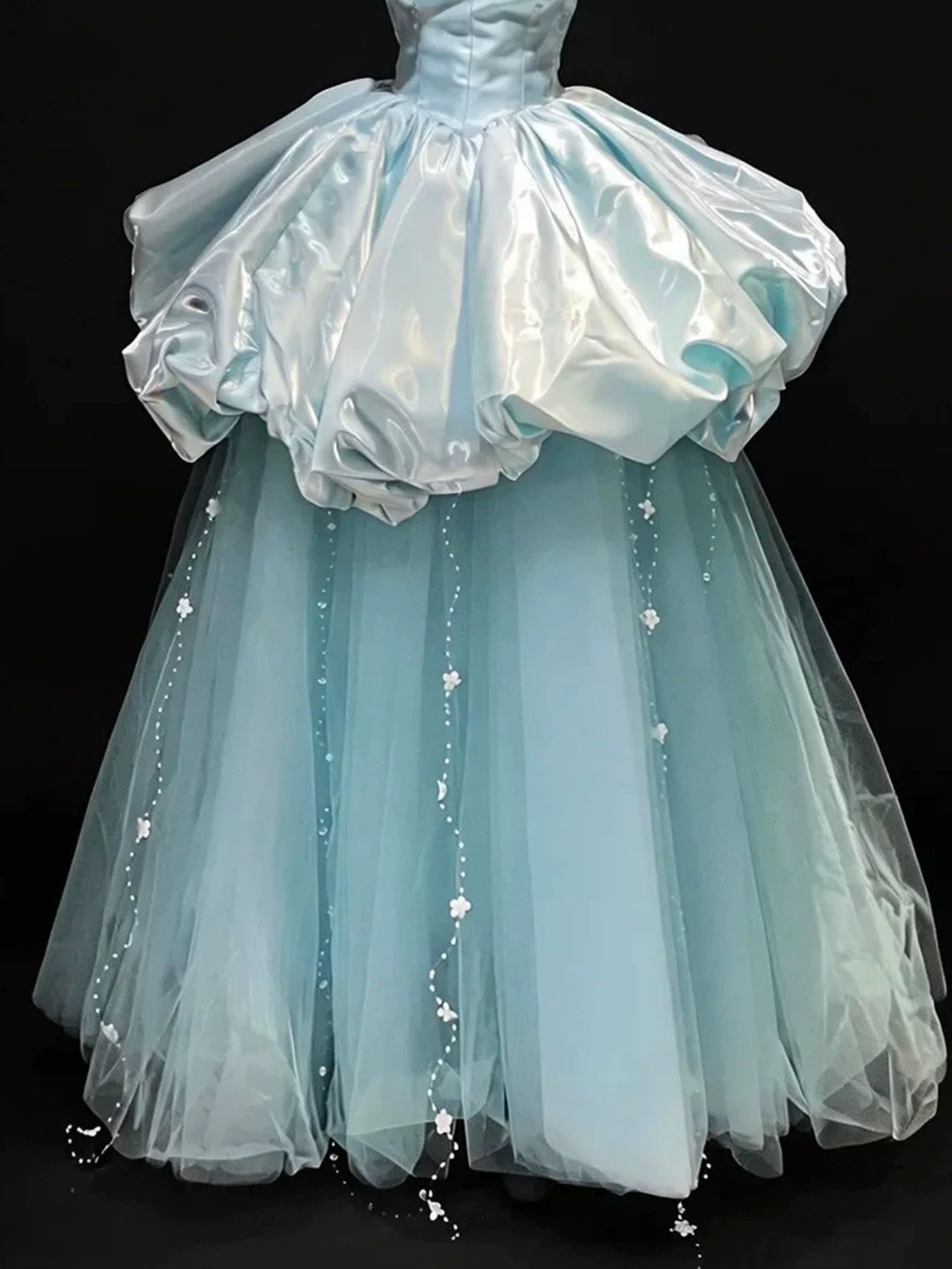 Beautiful Ball Gown Strapless Blue Satin Date Night Outfits Semi Formal Prom Gown Evening Dresses RB5325